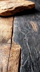 Close-up of two contrasting wood textures, one light brown with prominent grain and the other dark, almost black, with a rough, weathered surface. The natural g