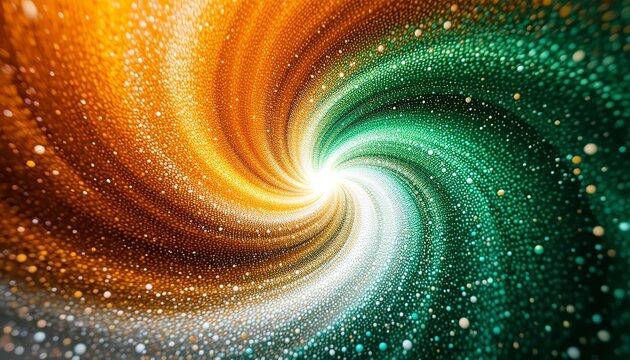 Abstract swirling vortex of vivid particles blending warm orange with cool green tones in dynamic