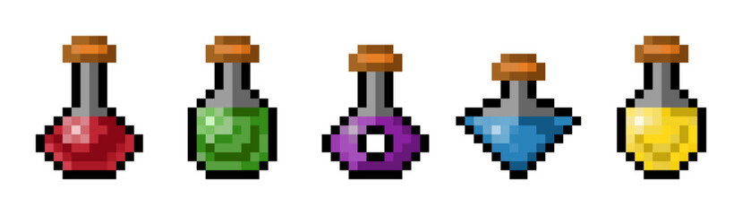 Pixel art illustration 8bit five small potion bottles icons set and the liquids are colored magic alchemy elixir red, green, blue, yellow, and purple. for retro-style game assets, stickers and icons