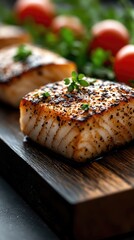 Close-up of perfectly seared fish fillets seasoned with herbs and spices, served on a dark wooden board with fresh cherry tomatoes and green garnishes in the ba