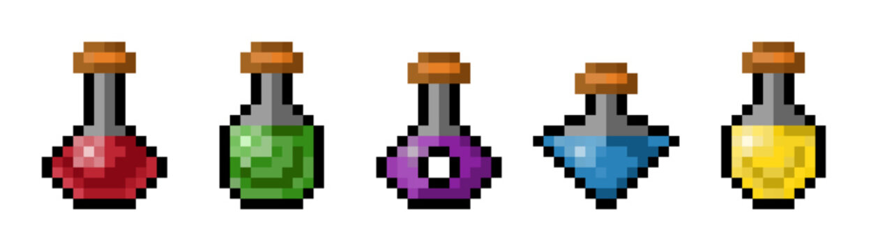 Pixel art illustration 8bit five small potion bottles icons set and the liquids are colored magic alchemy elixir red, green, blue, yellow, and purple. for retro-style game assets, stickers and icons
