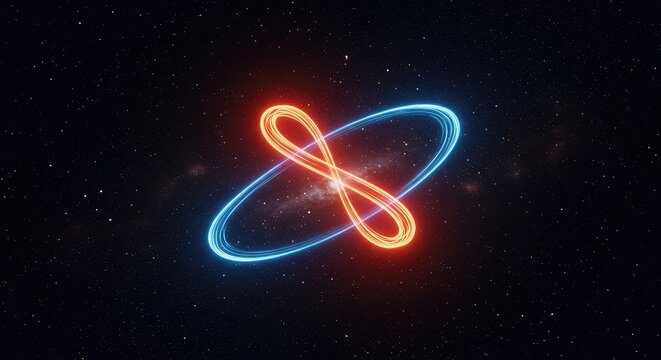 Abstract digital rendering showing a glowing figure eight shape winding endlessly into a cosmic deep space background representing timelessness ,abstract ,continuous ,conceptual