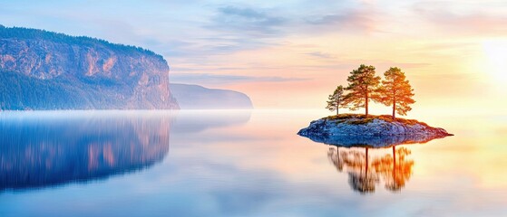 A small rocky island with three pine trees stands in calm water, reflecting the warm colors of a sunrise. Misty mountains are visible in the background.