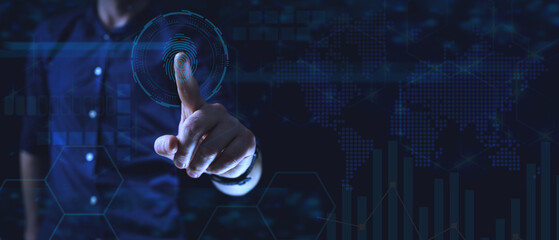 Person touching virtual interface with circular digital graphic overlay, blue tones, and world map background. Cyber security concept
