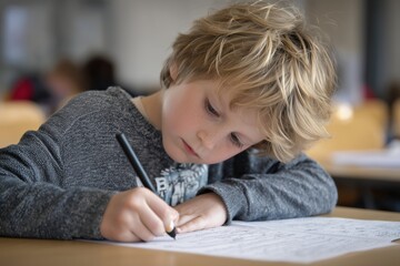 A focused young boy with blonde curly hair is drawing on paper with a black marker.
