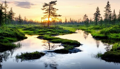 A tranquil swamp landscape with a winding stream, lush green vegetation, and a prominent pine tree silhouetted against a warm sunset sky. The water reflects the