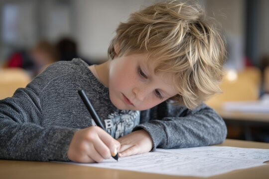 A focused young boy with blonde curly hair is drawing on paper with a black marker. - Powered by Adobe