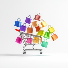 A shopping cart is filled with and surrounded by numerous colorful shopping bags, suggesting a large purchase or sale event.
