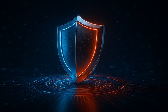Futuristic blue and orange shield standing on digital circuit rings, concept of advanced cybersecurity protection and network defense