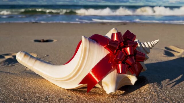 Sea breeze celebration: giftwrapped conch shell with ocean waves