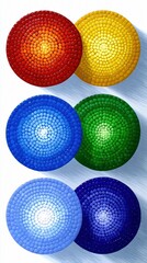 Six circular mandala dot paintings in red, yellow, blue, green, light blue, and dark blue, arranged in two columns against a light blue textured background. The