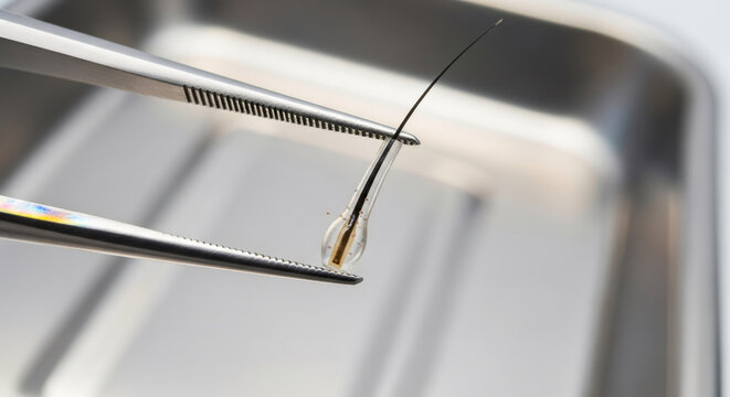 Hair follicle held by tweezers for transplantation. Medical surgery concept for alopecia treatment and hair restoration procedure.
