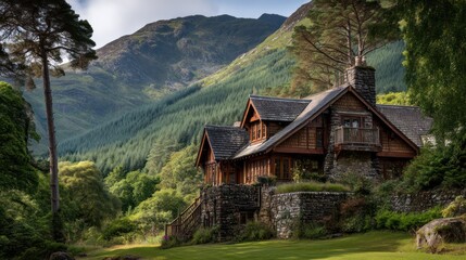 Charming Scottish Highlands lodge built from timber and stone surrounded by pine trees and mountain backdrop