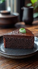 A slice of decadent chocolate cake, topped with a glossy chocolate ganache and a fresh mint leaf, served on a dark, textured plate. The scene is set on a wooden
