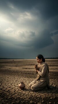 A woman kneels in cracked soil, praying by a clay pot under a hopeful, cloudy sky