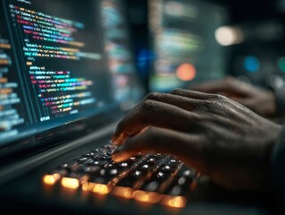 Developer hands typing code on backlit keyboard at night