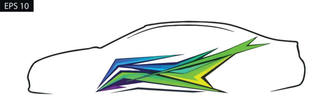 Car side graphic with decal vector illustration design, modern artwork with abstract shapes and bright colors
