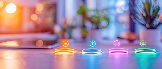 Four illuminated pedestals with glowing icons representing smart home functions, set on a table with a blurred background of plants and lights, suggesting a fut