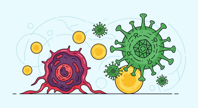 Vibrant microscopic illustration showcasing the body's immune system actively engaging and fighting off a viral invasion with specialized cells and protective particles