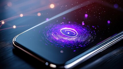 A close-up of a modern smartphone screen displaying a vibrant, swirling purple galaxy with glowing particles and bokeh lights in the background. The image has a