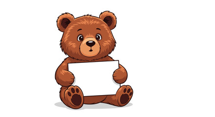Cute brown cartoon teddy bear character sitting and holding a blank white sign, offering a space for personalized messages or graphics.