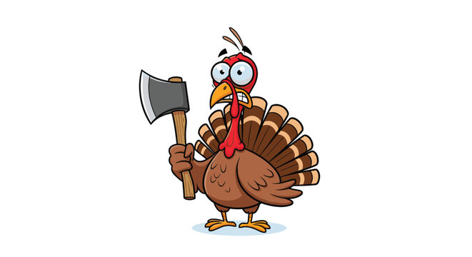 A humorous cartoon turkey, wide-eyed and terrified, clutches an axe, ready to defend itself against the upcoming holiday feast.