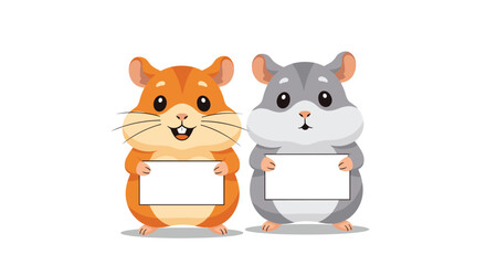 Obraz premium Two adorable cartoon hamsters, one orange and one grey, stand side-by-side holding blank white signs on a clean white background.