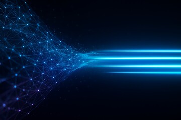 Complex digital network funneling into focused blue light beams, concept of data processing, AI inference and high speed analytics