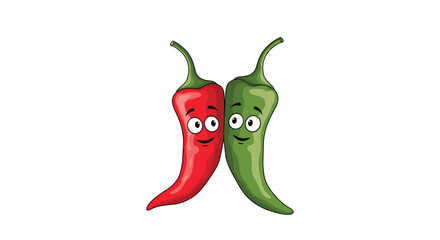 Two vibrant cartoon chili peppers, one red and one green, with happy smiling faces, standing closely together on a clean white background.