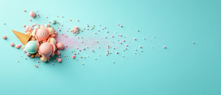 Delicious pastel pink and blue ice cream scoops gracefully spilling from a crispy waffle cone with sweet sprinkles on a vibrant turquoise background.