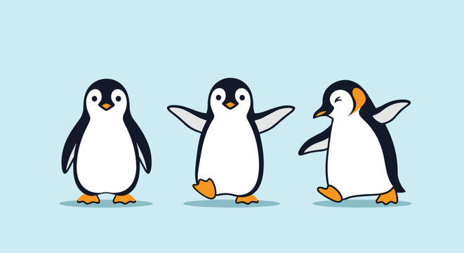 Three adorable cartoon penguins waddle happily across a light blue background, showcasing their playful and cute nature.