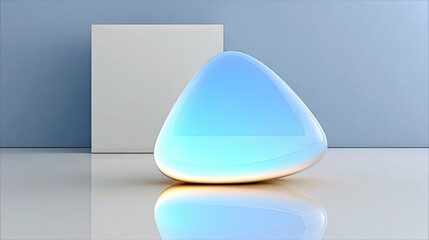 A smooth, glossy blue orb rests on a reflective surface, with a white geometric shape and a blue wall in the background. Soft, ambient lighting creates a serene