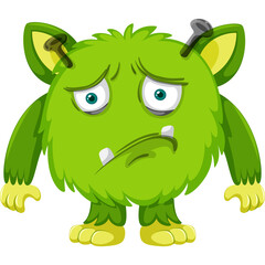 Sad Green Fluffy Monster Character With Big Blue Eyes and Unhappy Expression On White Background