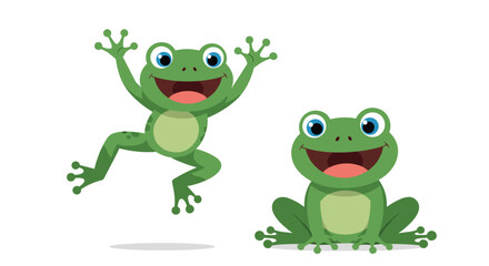 Obraz premium Two happy cartoon frogs, one joyfully jumping and the other sitting contentedly, both with wide smiles and big blue eyes, on a clean white background.
