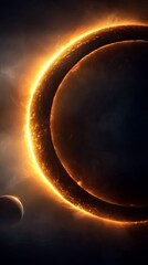 A dramatic solar eclipse is depicted, with the moon partially obscuring the sun, creating a brilliant ring of fire. A smaller celestial body, possibly a moon, i