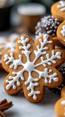 A close-up shot of a snowflake-shaped gingerbread cookie, intricately decorated with white icing, sits on a textured surface. Other cookies and festive elements