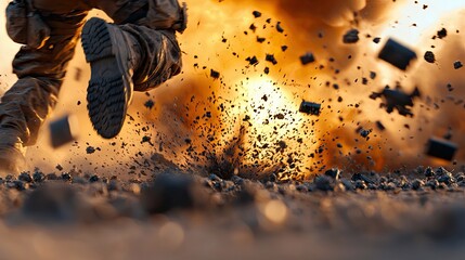 A soldier in military uniform runs through a cloud of dust and debris from an explosion, with the warm glow of sunset in the background. The image captures a dy
