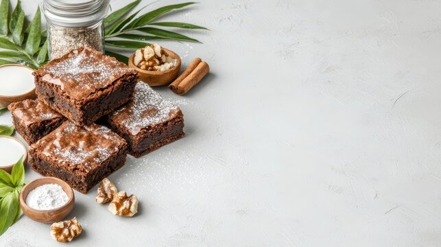 Delicious dark chocolate brownie squares with powdered sugar, displayed with walnuts, cinnamon, oats, and green leaves on a textured gray surface.