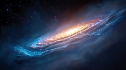 A vibrant spiral galaxy glows with a bright yellow core and swirling blue and orange nebulae against a dark background filled with distant stars.