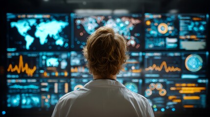 Scientist analyzing global data on multiple screens