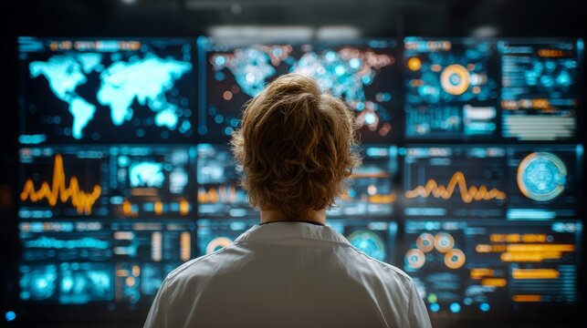 Scientist analyzing global data on multiple screens