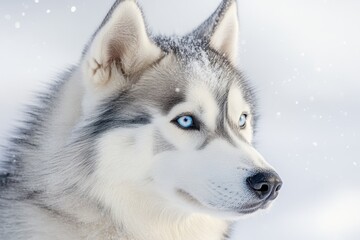 Obraz premium Majestic Siberian Husky with Blue Eyes in a Serene Winter Landscape, Capturing Calmness and Grace