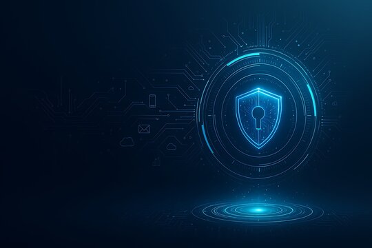 Glowing circular interface with shield and keyhole icon, concept of integrated cybersecurity protecting cloud, email and mobile devices