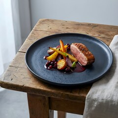 Fine Dining Gourmet Plate with Roasted Meat and Vegetables – Elegant Food Presentation