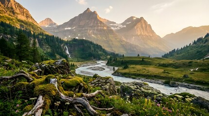 Majestic Mountain Valley Landscape with River at Sunrise – Scenic Nature Panorama