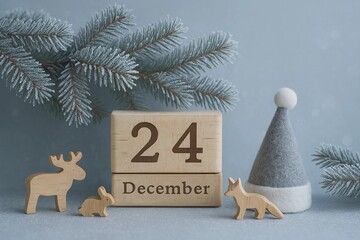 Christmas Eve wooden calendar with festive decorations on a sparkling background