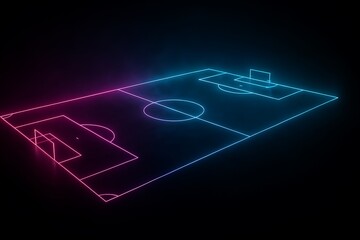 Futuristic neon outline of football pitch glowing in pink and blue, abstract sports background for tactics and analytics concepts