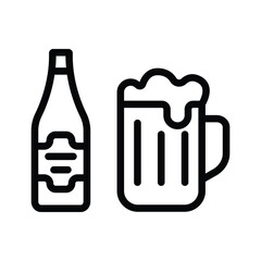 A bottle of beer and a mug outlined in black with a simple cartoonish design