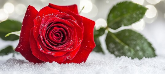 Close-up of a Romantic Red Rose Bud Surrounded by Green Leaves on a Snowy Elegant Background