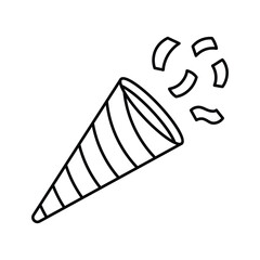 A black line drawing of a party popper cone with confetti emerging